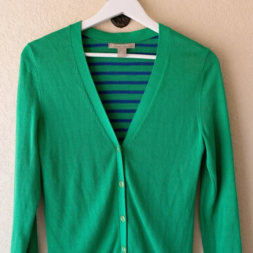 Banana Republic XS Green Blue Stripe Cardigan Button Front Cotton Blend